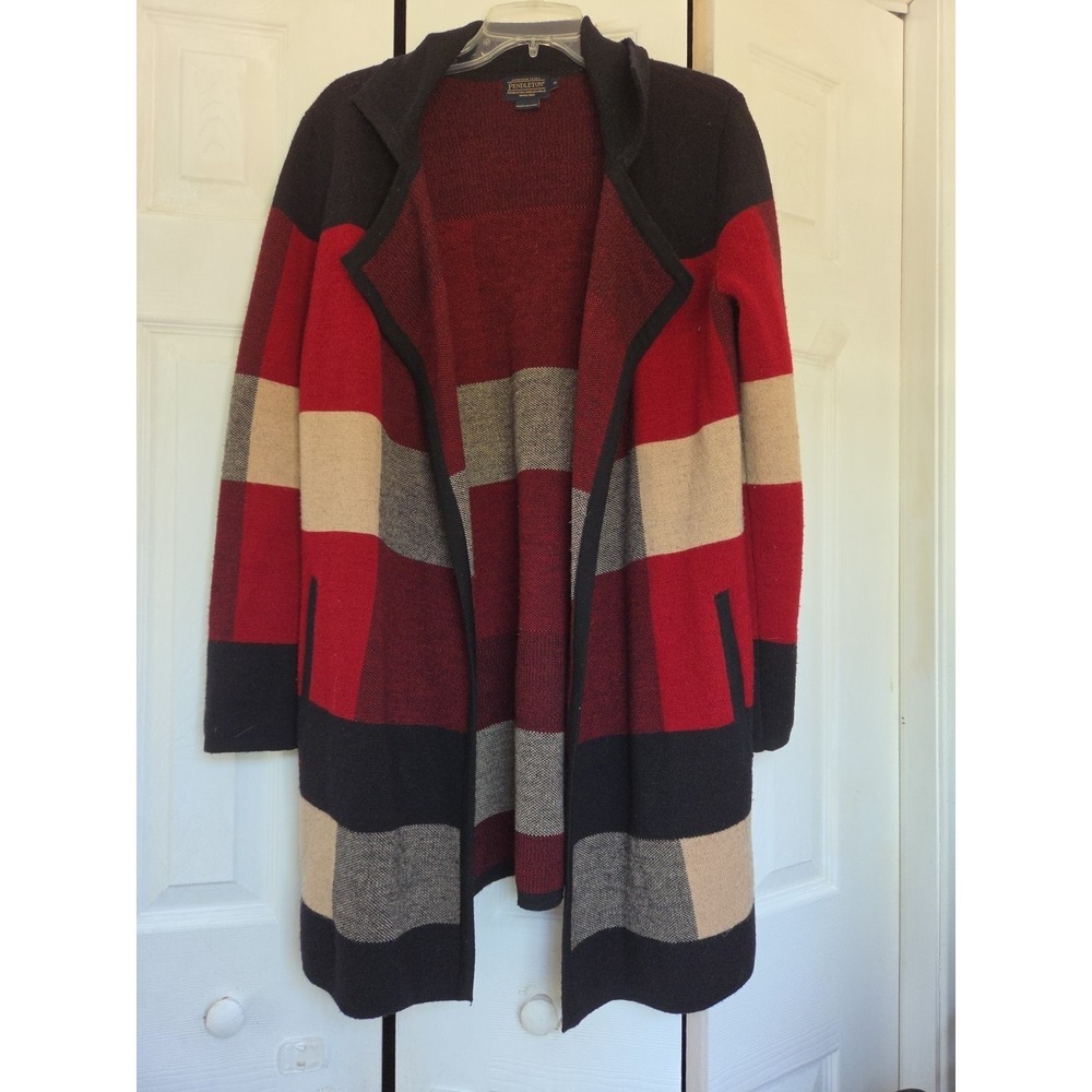 Womens Red Black Tan Plaid Pendleton Cardigan 100% Merino Wool Sweater Size Med